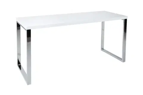 Estila Moderní obdélníkový bílý psací stůl White Desk s lesklou deskou a hranatými stříbrnými kovovými chromovými nohami 140 cm