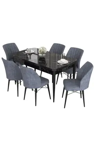 Extendable Dining Table & Chairs Set (7 Pieces) Eva - Black Marble, Fume