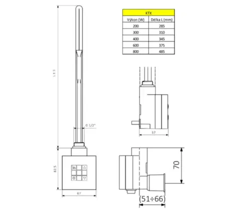 SAPHO KTX topná tyč s termostatem, s krytem pro kabel, 300 W, chrom KTX-CW-300