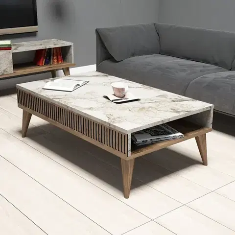 Konferenční stolek Milan - Walnut, White Marble