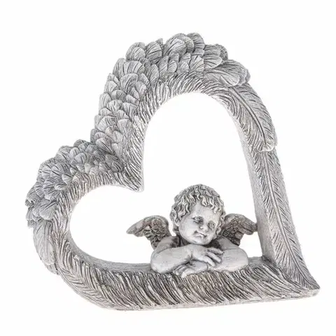 Dekorace srdce s andělem, šedá, polyresin, 14,5 x 13,5 x 4 cm