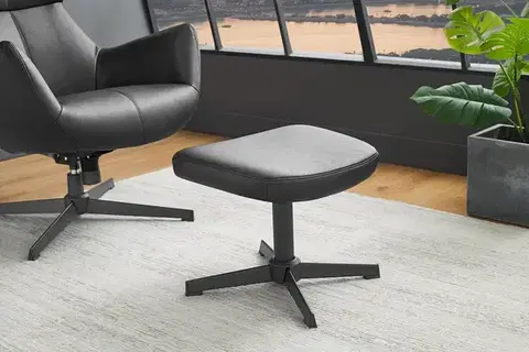 Estila Moderní industriální podnožka Krespa s černým potahem z ekokůže a kovovou nohou 36 cm