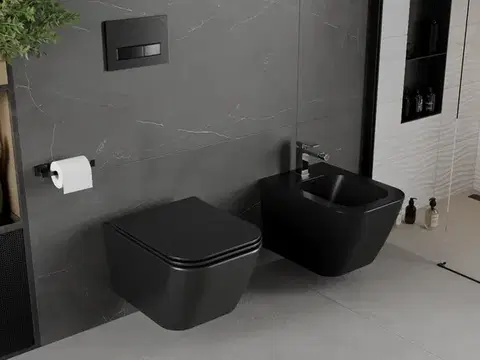 MEXEN Madox Závěsná WC mísa Rimless včetně sedátka s slow, Duroplast, černá mat 30154070
