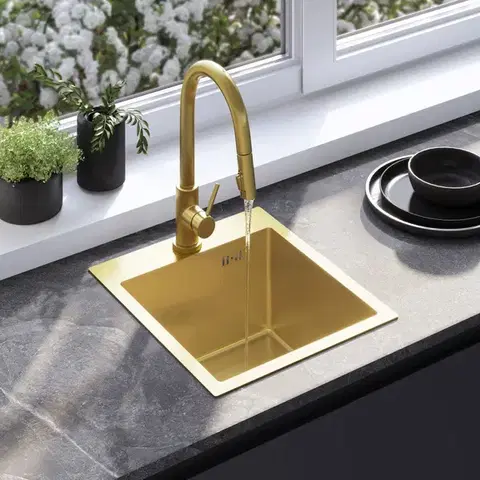 REA Ocelový dřez Leo 40 BRUSH GOLD s kuchyňskou baterií KPL-96001