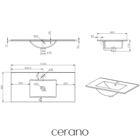 CERANO Umyvadlo keramické Elory nábytkové bílá lesklá 120x46,5  CER-004521