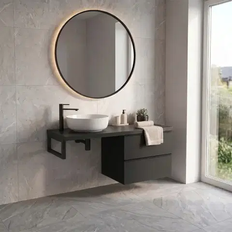 CERANO Koupelnová skříňka Velora černá matná, úchytka černá + deska pod umyvadlo Navira Pro 36 mm + konzole černá 160x56,6x46,5  CER-667958