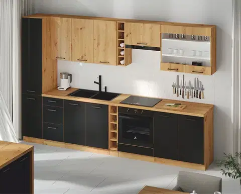 Kasvo Kuchyňská linka MODENA 2 - 315 cm dvířka černé matné / korpus dub artisan