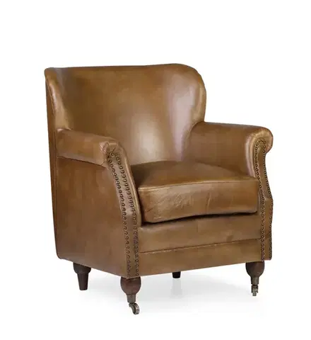 Estila Kožené vintage křeslo Marione v hnědém provedení s masivními nožičkami na kolečkách a vybíjeným kovovým zdobením 80cm