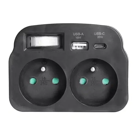 Solight rozbočka 2 x 16A, USB A+C rychlonabíječka 20W PD, černá, vypínač P97B-PD20