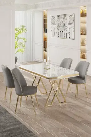 Dining Table & Chairs Set (5 Pieces) Vals - White, Gold, Grey