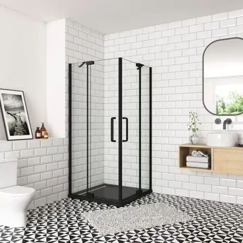 H K Sprchový kout AIRLINE BLACK R808, 80x80, se dvěma jednokřídlými dveřmi s pevnou stěnou, rohový vstup včetně sprchové vaničky z litého mramoru SE-AIRLINEBLACKR808/BLACKSTAR8080SET