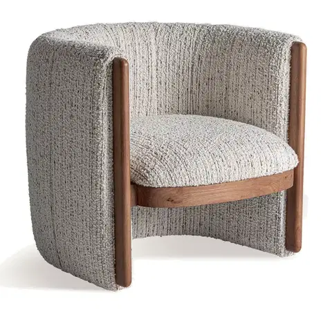 Estila Luxusní art deco čalouněné půlkruhové křeslo Janies s bílým texturovaným potahem s hnědým dřevěným detailem 80 cm