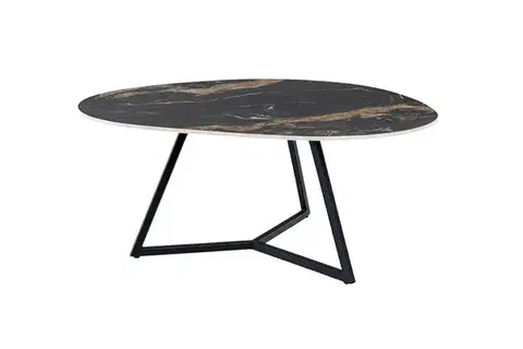 Estila Moderní černý konferenční stolek Ceramia s keramickou deskou organického tvaru s hnědou kresbou a kovovou podstavou 90 cm