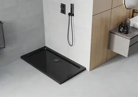 MEXEN/S Flat sprchová vanička obdélníková slim 130 x 70, černá + černý sifon 40707013B