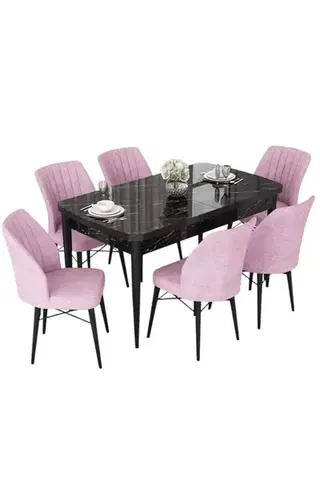 Extendable Dining Table & Chairs Set (7 Pieces) Nef - Black Marble, Pink