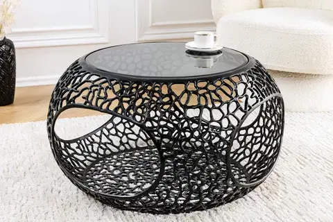 Estila Moderní designový černý kulatý konferenční stolek Hoja s kulatou kovovou podstavou s úložným prostorem 40 cm