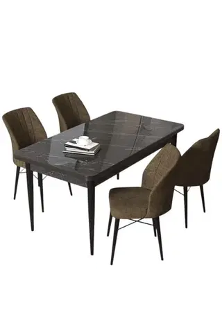 Dining Table & Chairs Set (5 Pieces) Arp - Black Marble, Brown