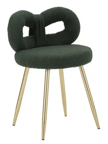 Estila Moderní designová čalouněná tmavě zelená jídelní židle Janar s bouclé potahem a kovovými zlatými nožičkami 67 cm