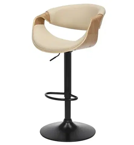 Estila Designová otočná barová židle Norwich s výškově nastavitelnou nohou s krémovým koženým potahem a hnědou dubovou dýhou 110 cm