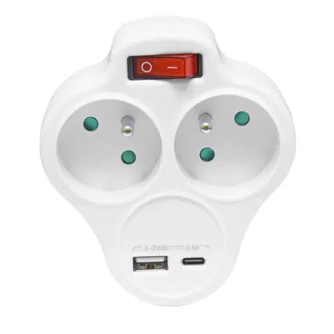 Ecolite 2-zásuvková V rozbočka 1xUSB 1xUSB-C 5V/2,4A vypínač XQFZBK-01/3