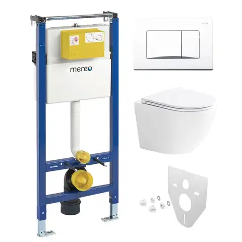 Mereo WC set Smart flush rimless WC oblé, modul pro sádrokarton, bílé hranaté tlačítko MM02NSETRT220