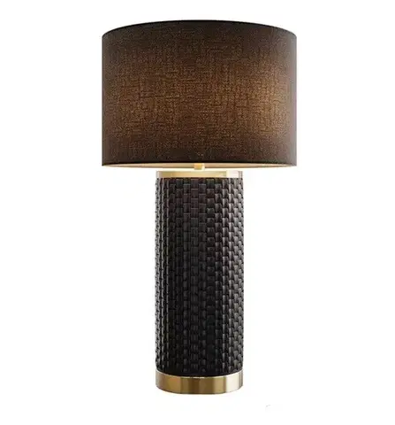 Estila Designová art deco černá stolní lampa Draconia s keramickou podstavou s reliéfním čtvercovým vzorem a zlatými detaily 70 cm