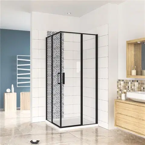 H K Čtvercový sprchový kout BLACK SAFIR R808, 80x80, se dvěma jednokřídlými dveřmi s pevnou stěnou, rohový vstup včetně sprchové vaničky z litého mramoru SE-BLACKSAFIRR808/THOR-80SQ