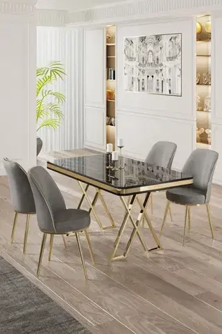 Dining Table & Chairs Set (5 Pieces) Vals - Black Marble, Gold, Grey