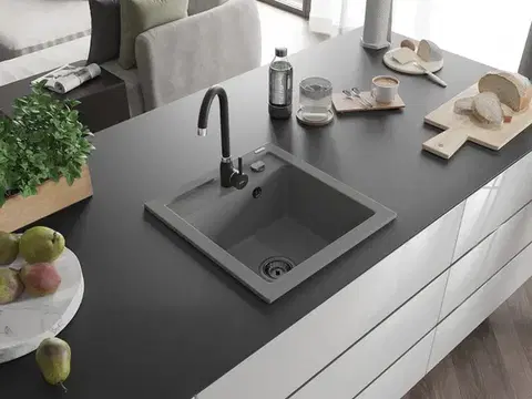 MEXEN/S Vito Vito granitový dřez 1-miska 520x490 mm, šedá,+ černý sifon 6503521000-71-B