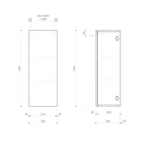 SAPHO ESPACE skříňka 35x94x32cm, 1x dvířka, levá/pravá, bílá lesk ESC530-3030