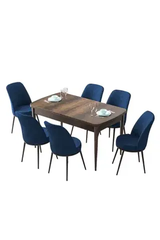 Extendable Dining Table & Chairs Set (7 Pieces) Zen - Baroque, Navy Blue