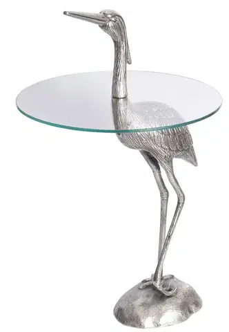 Estila Designový kulatý příruční stolek Ardea se skulpturální podstavou ve tvaru volavky ve stříbrné barvě 88 cm