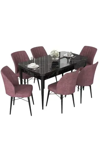Extendable Dining Table & Chairs Set (7 Pieces) Nef - Black Marble, Dusty Rose
