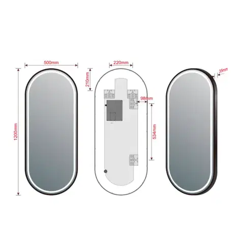 SAPHO KAIRA oválné zrcadlo s LED osvětlením 120x50cm, černá mat KA500