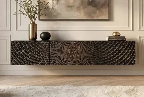 Estila Moderní etno závěsný TV stolek Astrid v černé barvě se třemi dvířky se zlatým 3D reliéfem mandaly 160 cm