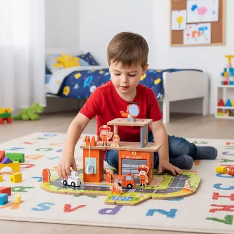 ECOTOYS Dřevěná požární stanice STATION 2v1 červená