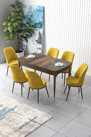 Extendable Dining Table & Chairs Set (7 Pieces) Zen - Baroque, Mustard
