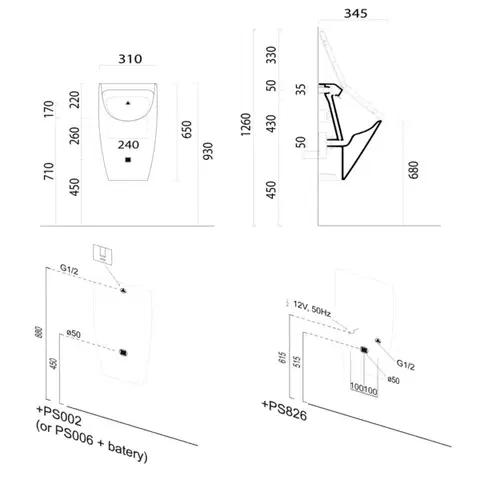 GSI COUNITY urinál se zakrytým přívodem vody s otvory pro víko, Rimless, 31x65cm, černá mat 909826