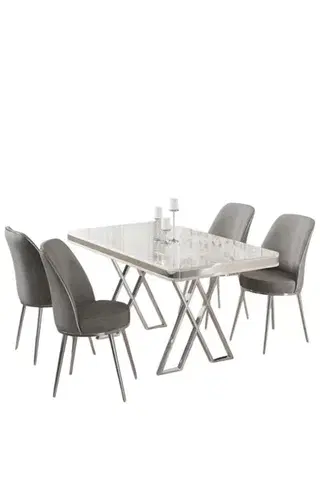 Dining Table & Chairs Set (5 Pieces) Vals - White, Chrome, Grey