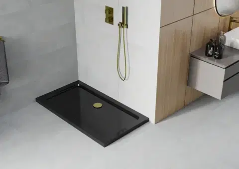 MEXEN/S Flat sprchová vanička obdélníková slim 130 x 70, černá + zlatý sifon 40707013G