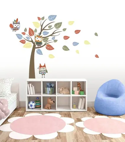 Samolepka na zeď barevné sovy na stromě v indickém stylu 171 x 122 cm