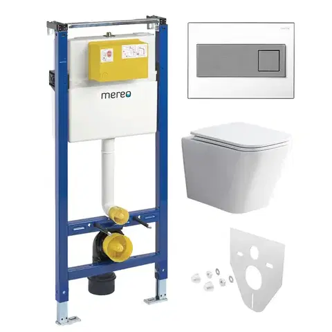 Mereo WC set Rimless WC hranaté, modul pro sádrokarton, hranaté tlačítko bílá/chrom MM02NSETRS330