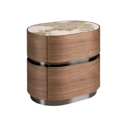 Estila Luxusní art deco oválný ořechově hnědý noční stolek Vita Naturale se dvěma šuplíky a bílým mramotem s šedou kresbou 58 cm