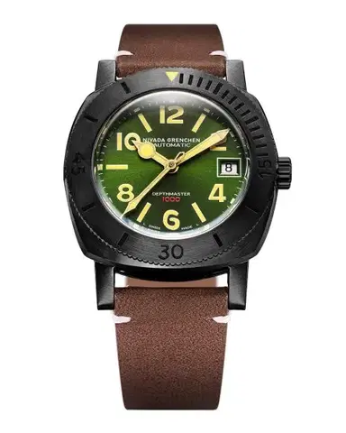 Nivada Grenchen Depthmaster Numerals - Black and Green - Brown Leather White Stitching