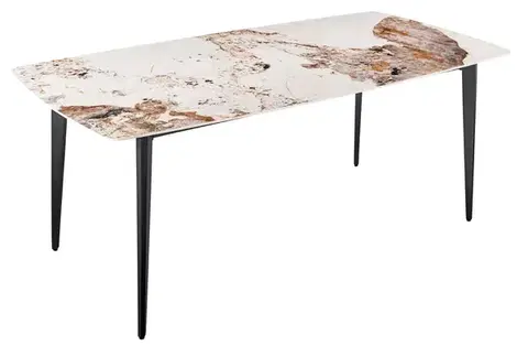Estila Designový jídelní stůl Tazer s deskou s bílo šedým mramorovým vizuálem a čtyřmi černými úzkými nožičkami 160 cm