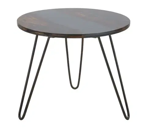Estila Designový industriální kulatý konferenční stolek Selvaggio s masivní vrchní deskou z akácie v tmavě hnědé barvě 50 cm