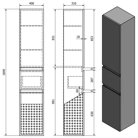 AQUALINE ALTAIR vysoká skříňka s košem 40x184x31cm, levá, bílá AI185L