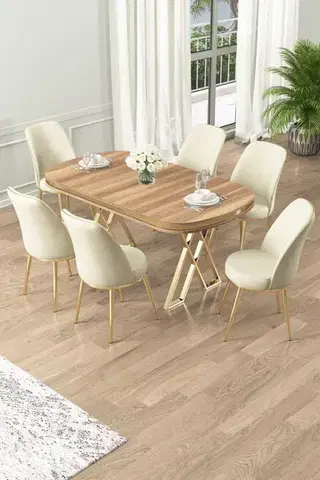 Dining Table & Chairs Set (7 Pieces) Lai - Light Walnut, Gold, Cream