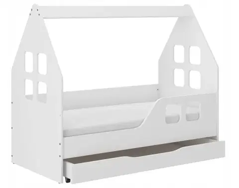 Okouzlující dětská postel su šuplíkem 140 x 70 cm bílé barvy ve tvaru domečku