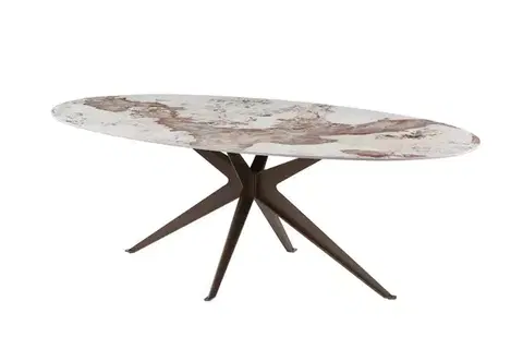Estila Art deco oválný jídelní stůl Daron s bílou keramickou deskou s hnědým mramorovým dekorem a bronzovou podstavou 220 cm